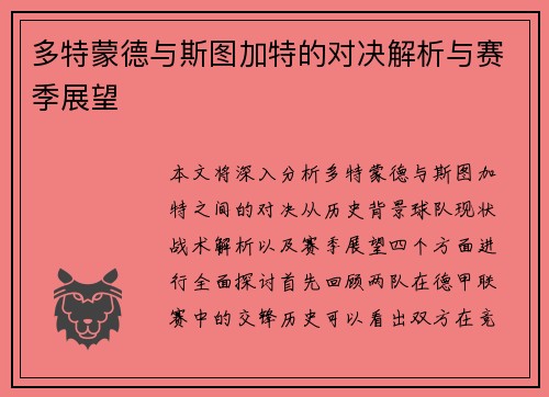 多特蒙德与斯图加特的对决解析与赛季展望